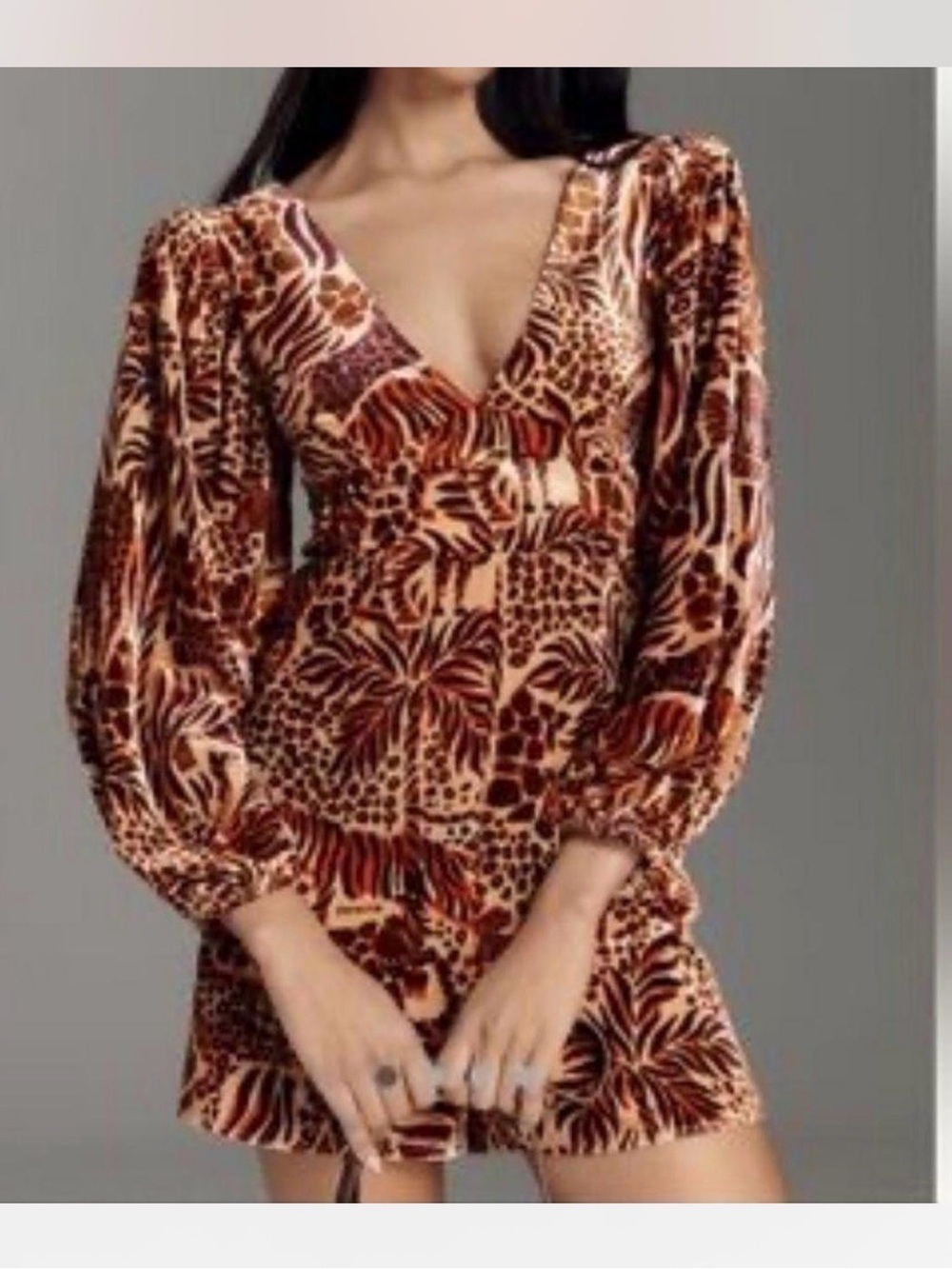 FARM Rio Brown & Tan Animal-Print Long Sleeve Dress
